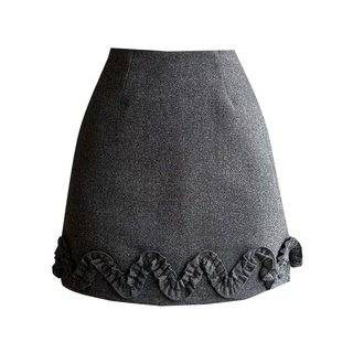 花边拼接百搭A字短裙子女2025秋冬新款 防走光毛呢半身裙1020M 韩版