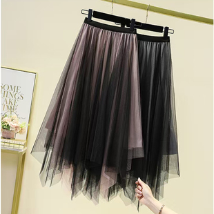 纱裙女半身裙春秋季2025新款高端黑色网纱裙蓬蓬a字不规则中长裙