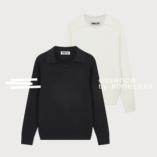 羊毛混纺V领POLO针织毛衣复古铁牌套头支线Essence by BONELESS