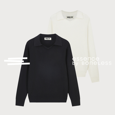 羊毛混纺V领POLO针织毛衣复古铁牌套头支线Essence by BONELESS