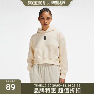 BONELESS基础B字胶浆印花帽衫 高街复古春秋重磅短连帽卫衣女 美式