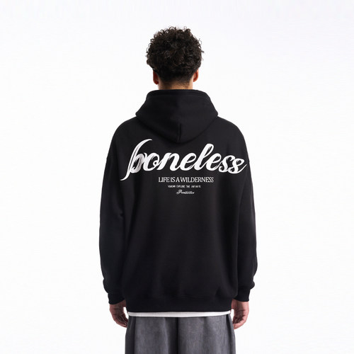 BONELESS手写体排版加绒连帽卫衣冬简约重磅保暖宽松街头潮牌帽衫