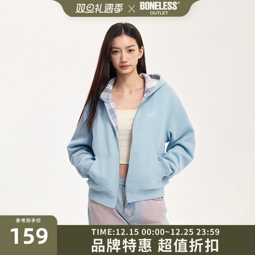 BONELESS春季2025新款双面穿小狗印花短款连帽卫衣外套女士开衫