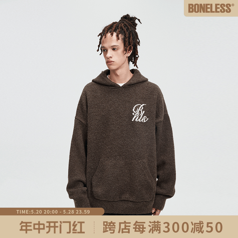 BONELESS提花logo连帽毛衣美式高街卫衣秋季情侣帽衫宽松针织衫男 男装 针织衫/毛衣 原图主图