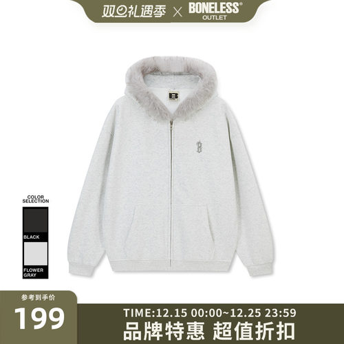 BONELESS金属哥特B毛领连帽开衫卫衣秋冬宽松休闲情侣拉链外套潮