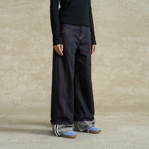 BONELESS高腰卷边阔腿牛仔裤