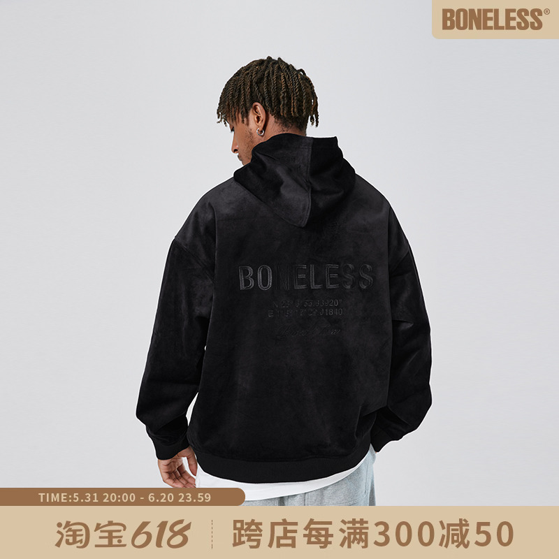 BONELESS 丝绒坐标LOGO刺绣套头帽衫美式高街男潮牌宽松连帽卫衣 男装 卫衣 原图主图