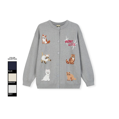 BONELESS宠物图案提花开衫毛衣秋冬新款宽松保暖弹力情侣装针织衫