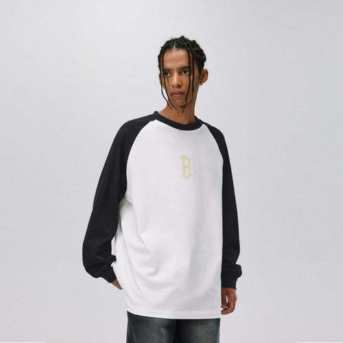 BONELESS 插肩拼色基础logo厚板印花长袖T恤高街纯棉圆领打底衫