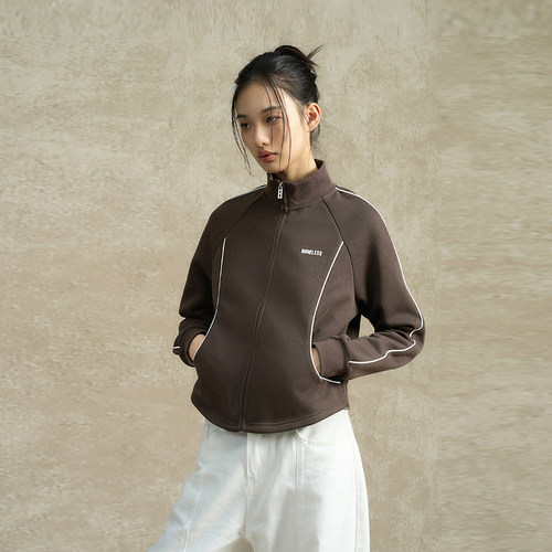 BONELESS印花休闲分割卫衣插肩袖立领撞色运动外套百搭设计感上衣