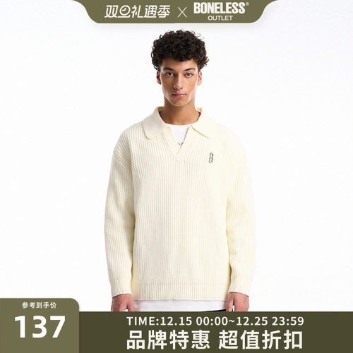 BONELESS针织珠地polo衫翻领宽松套头金属标简约羊毛毛衣百搭上衣