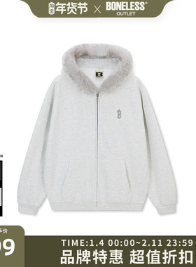 BONELESS金属哥特B毛领连帽开衫卫衣秋冬宽松休闲情侣拉链外套潮