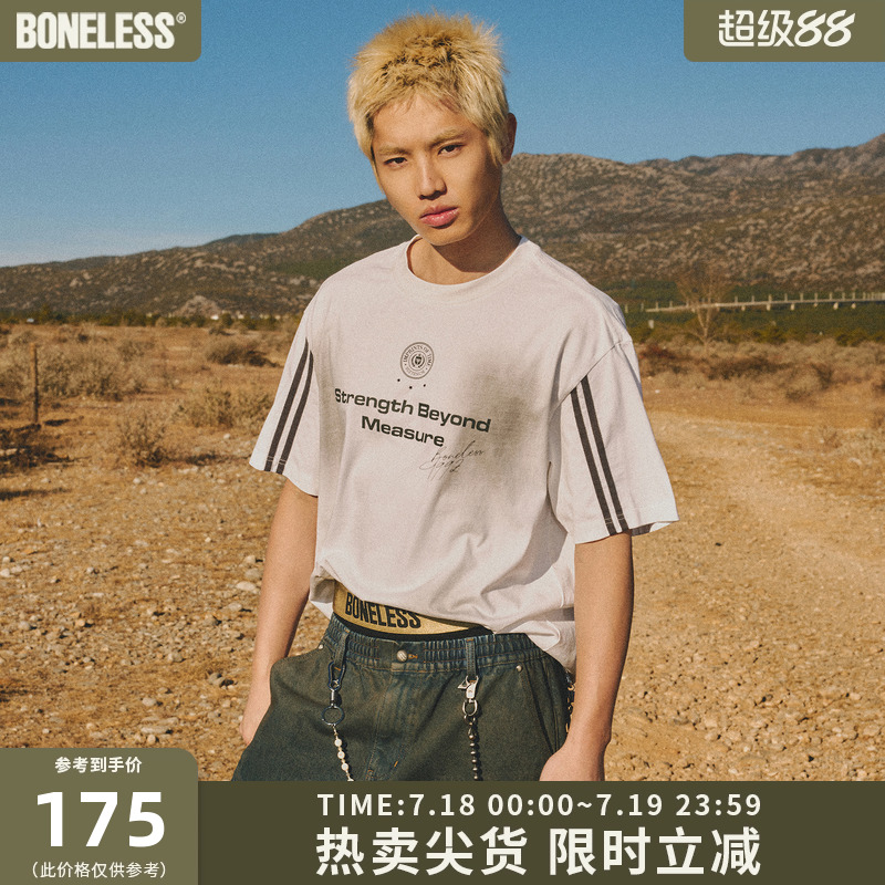 BONELESS拼接双织带设计喷色做旧印花短袖纯棉宽松复古街头男t恤