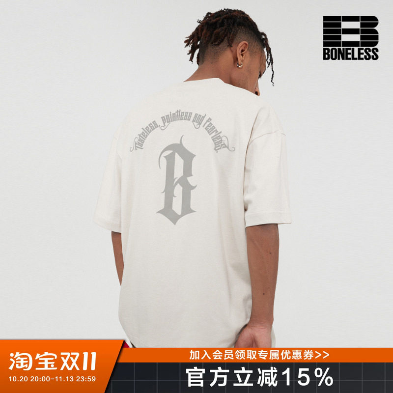 BONELESS 圆弧印花LOGO重磅短袖夏季美式情侣潮牌半袖纯棉t恤男女