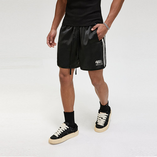 BONELESS缎面侧缝拼接织带短裤