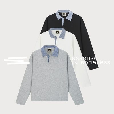 拼接格子领长袖POLO卫衣宽松刺绣上衣支线Essence by BONELESS