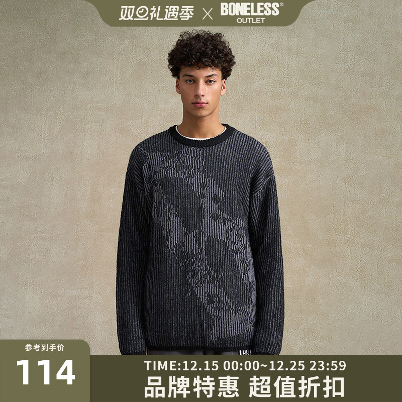 BONELESS柳条暗纹提花哥特字母套头毛衣休闲圆领宽松保暖针织衫
