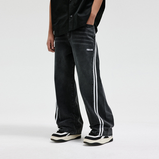 休闲街头长裤 宽松阔腿裤 男 洗水做旧长裤 BONELESS拼接织带牛仔裤