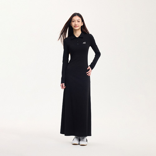 BONELESS春季2025新款POLO领长袖针织连衣裙女刺绣黑色修身长裙