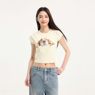 BONELESS修身小狗印花短袖夏短款趣味休闲显瘦圆领百搭辣妹T恤女