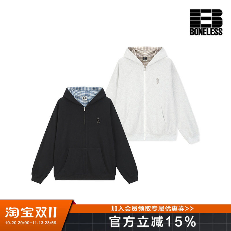 BONELESS拼接格纹连帽卫衣外套金属标宽松休闲美式街头潮流开衫