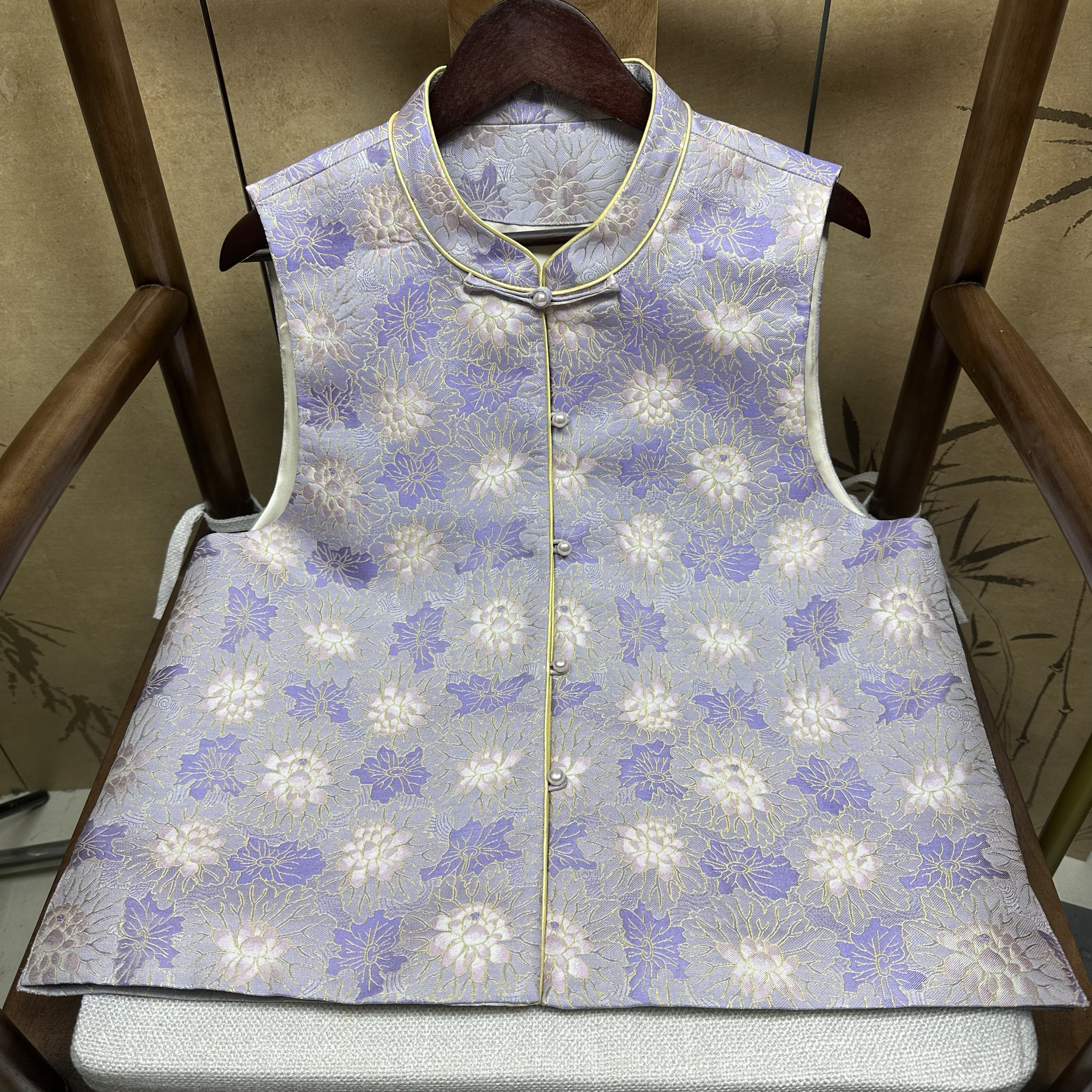 100%桑蚕丝40姆米四重围立领本布扣紫曲水凌波老宋锦马甲新中式