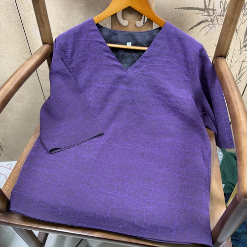100%桑蚕丝香云纱老料紫龟裂纹V领短袖双面双穿！上衣休闲版通勤
