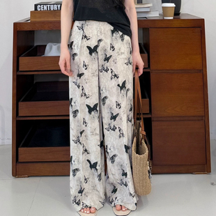 重磅真丝28姆米100%桑蚕丝花萝浮雕感真丝蝴蝶纹白裤子女长裤松紧