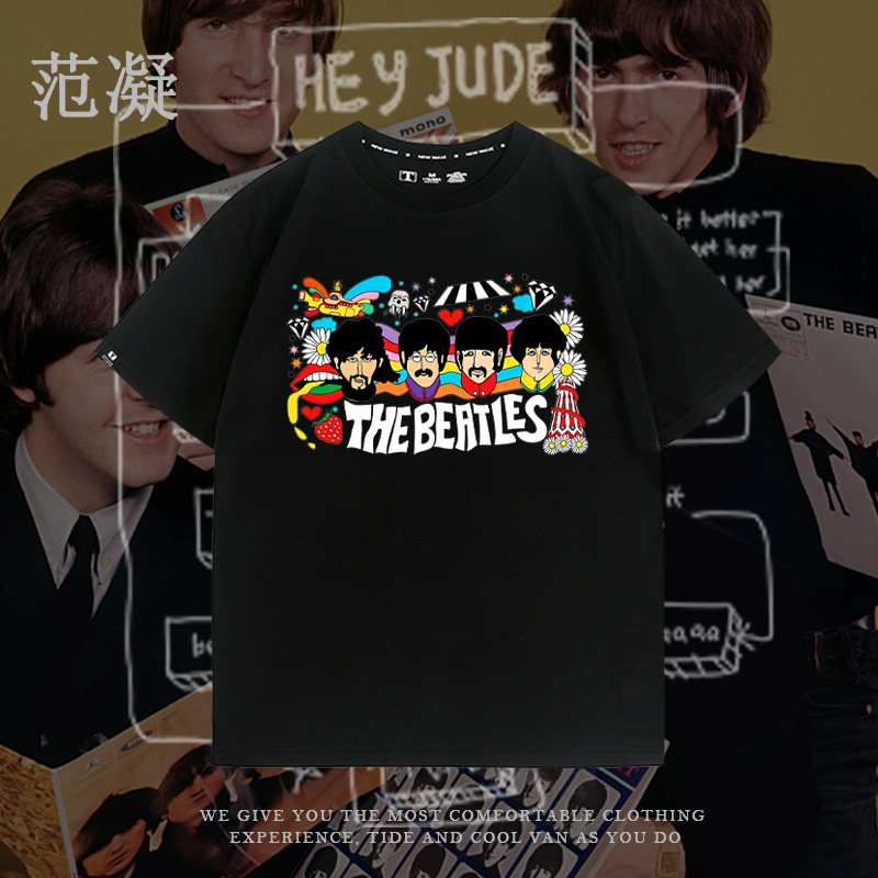 披头士Hey Jude摇滚乐队复古高街印花青少年T恤男宽松夏纯棉短袖 - 实物图
