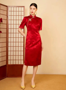 17956六礼旗袍夏季婚礼复古大码婆婆红色绣花高贵婚庆礼服婚宴