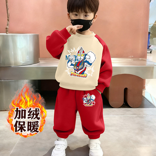 儿童奥特曼长袖加绒卫衣韩版上衣男童秋冬季保暖帅气两件套套装