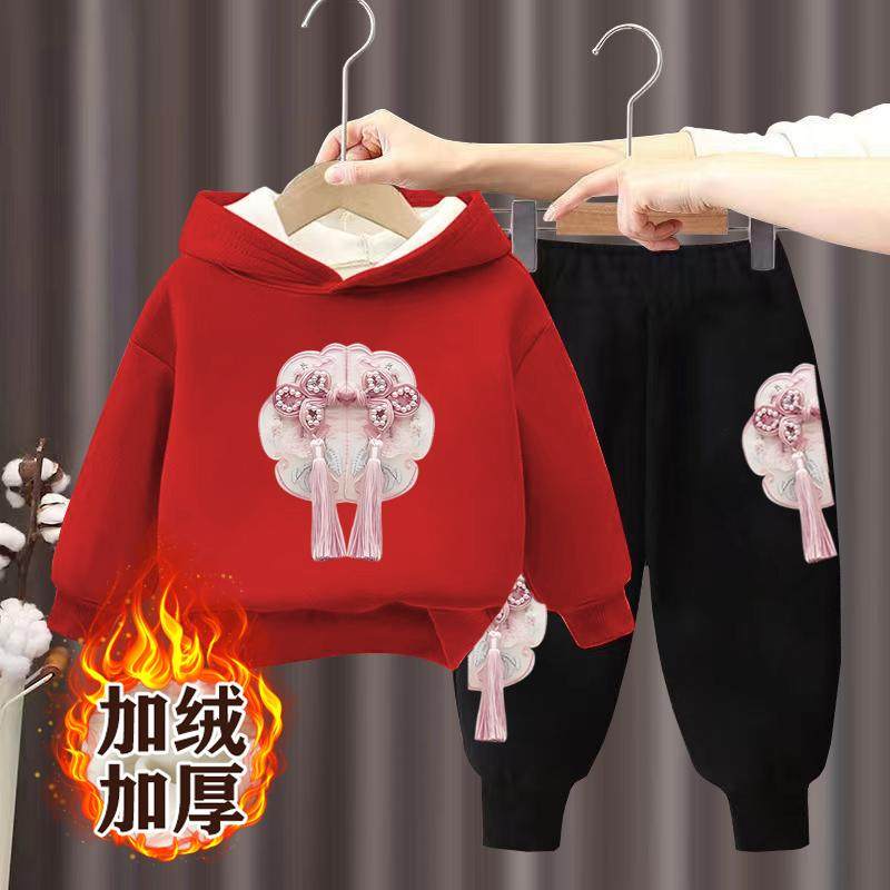 女童中国风套装冬季加厚儿童卫衣卫裤两件套洋气新款女宝宝保暖衣