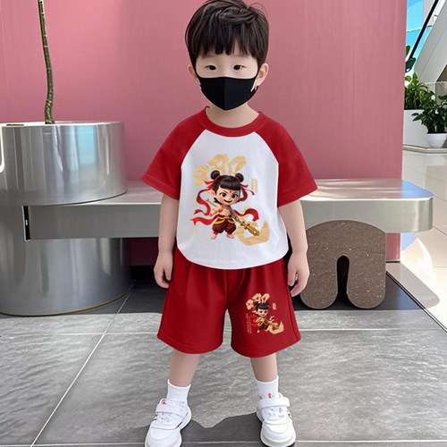 哪吒卡通衣服儿童夏季套装男童纯棉短袖五分裤宝宝两件套女童夏装