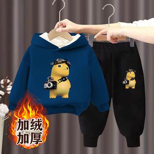 男童冬季套装洋气儿童加绒卫衣裤两件套新款男孩加厚保暖连帽衣服