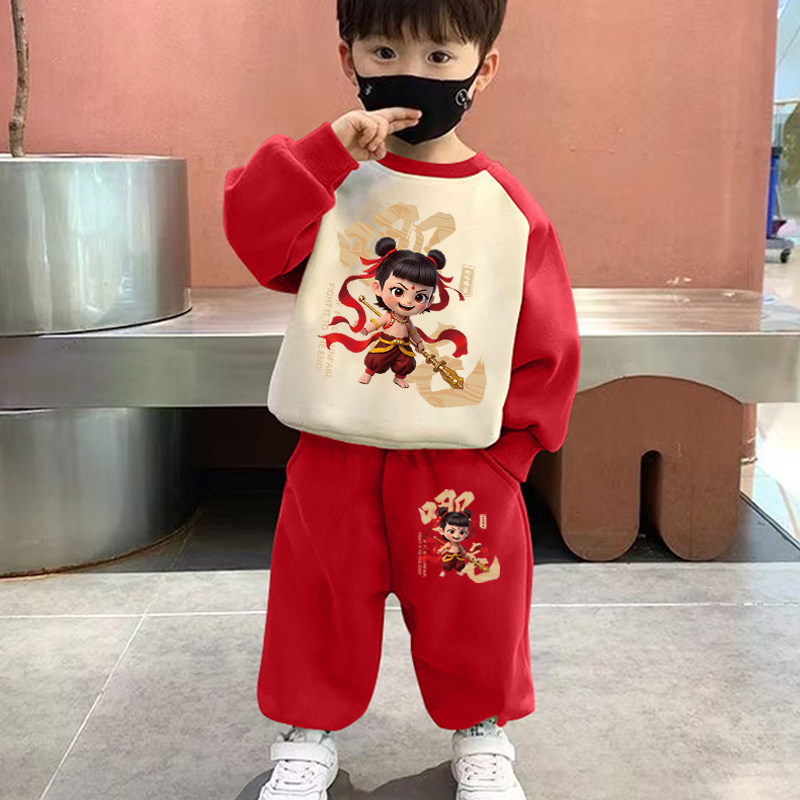 哪吒卫衣儿童套装春秋季男童女童国潮两件套新款洋气衣服中小童装