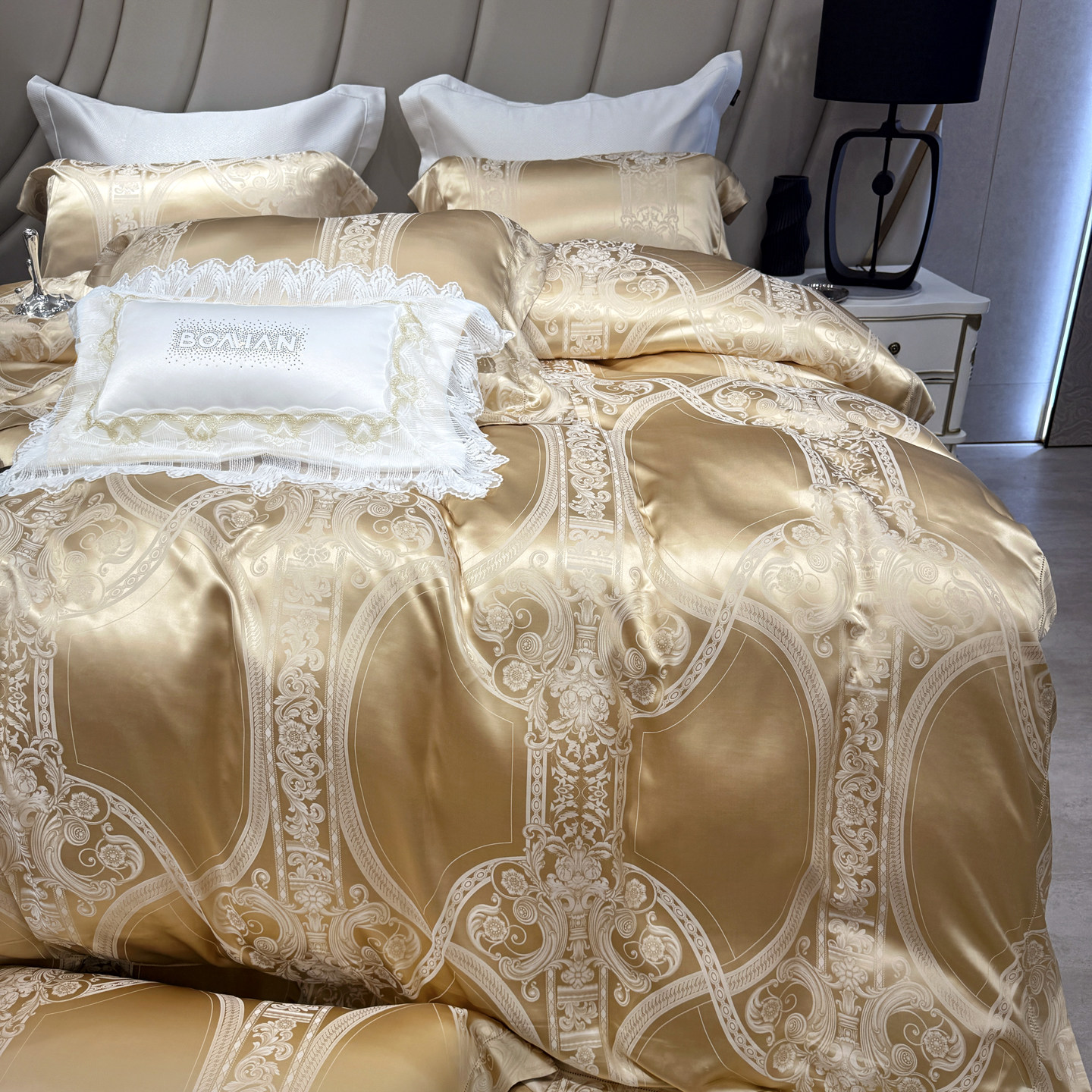 SAINTBI重磅真丝缎床品 高端法式超柔提花蚕丝四件套床单被套