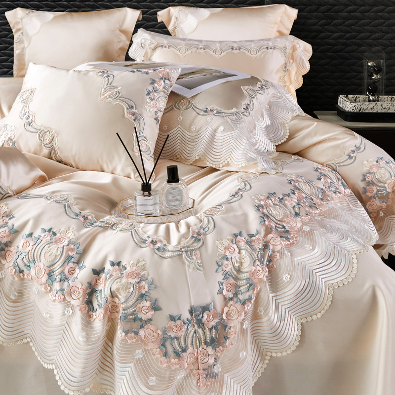 奢华欧式公主风高精密锦缎全棉四件套轻奢风高档刺绣被套床上用品