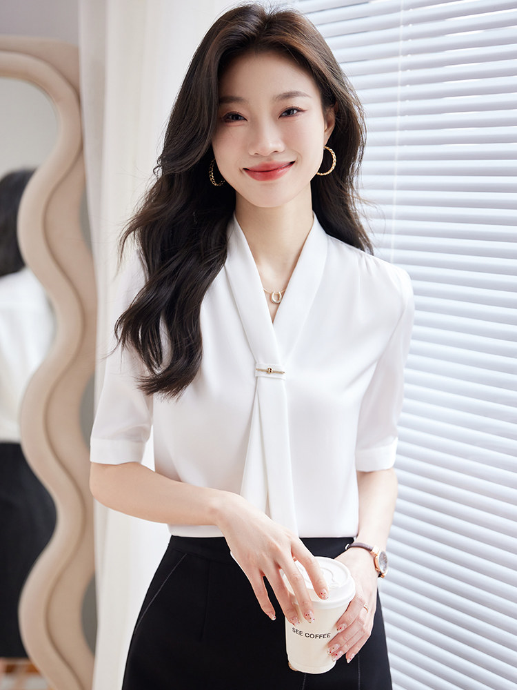 白色雪纺衬衫女士经典职业套装上衣2025新款短袖优雅白衬衫工作服