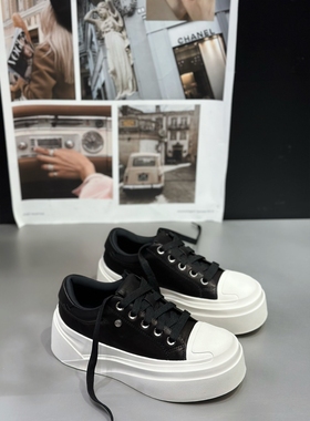 ido真皮厚底板鞋女系带圆头休闲鞋增高百搭学生鞋