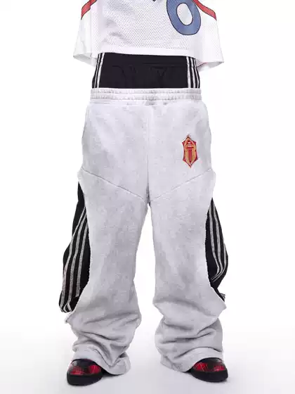 Fourth3Ex 25Fw Fake Two-Piece Double Waistband Sweatpants for Men, Autumn Three-Stripe Patchwork Color-Block Wide-Leg Pants