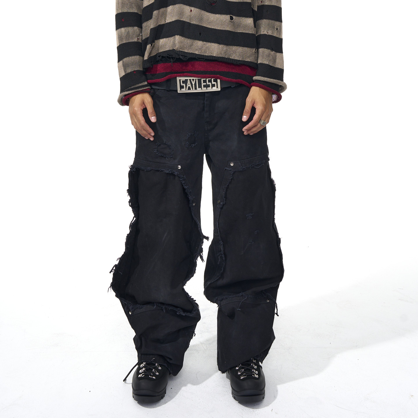 thumbnail for Fourth3ex 25FW Knee Destruction Fringe Black Jeans Men's Autumn New Double Waist Toe Wide-leg Pants