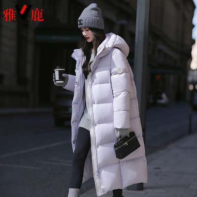 雅鹿正品中长款白鸭绒连帽羽绒服