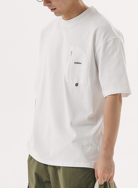 ASHFIRE新款原创设计刺绣口袋重磅打底短袖T恤圆领棉宽松五分袖男