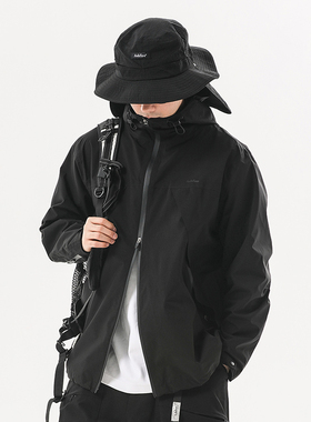 ASHFIRE2022SS简款多口袋压胶冲锋衣户外男外套黑色宽松连帽夹克