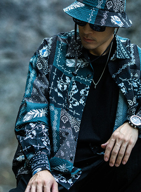 ASHFIRE2021AW民族风花卉泡泡纱长袖衬衫秋季宽松户外衬衣男黑色