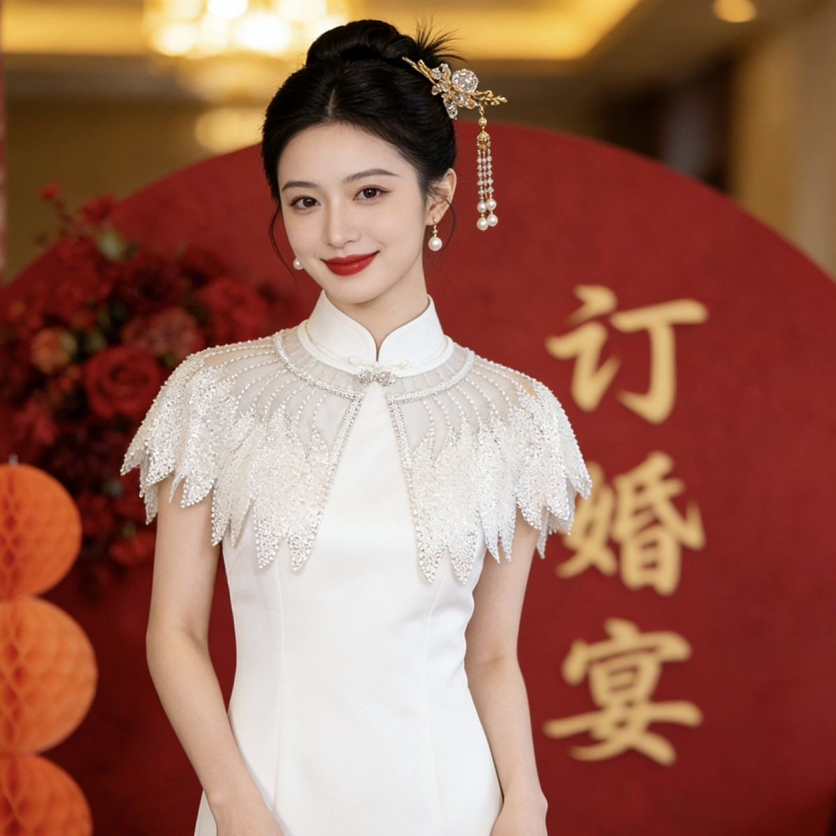 重工珍珠蕾丝旗袍云肩新娘头纱新中式复古婚礼配饰