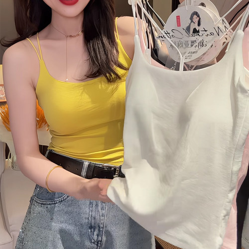 妃子纪2801双肩带吊带背心女早春洋气露背u型美背带胸垫一体上衣