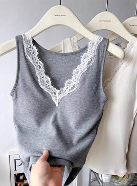 两件39妃子纪27107纯欲风睫毛蕾丝V领磨毛保暖背心内衣