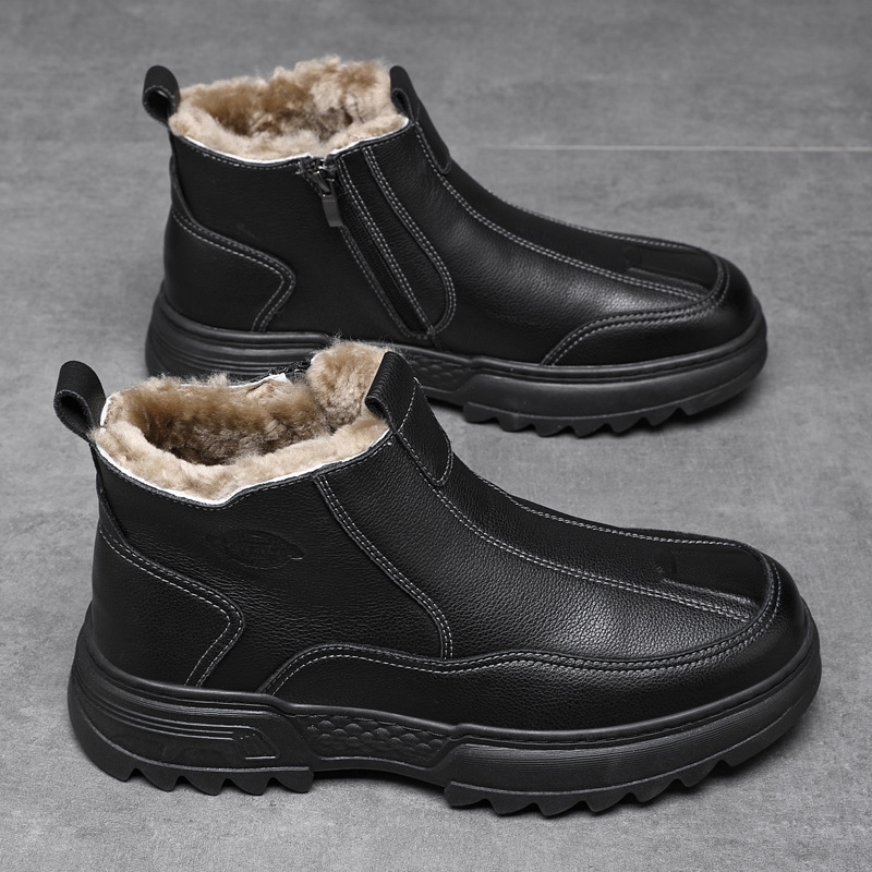 冬季新款真皮羊毛保暖棉鞋皮毛一体防滑休闲棉鞋高帮东北户外棉鞋