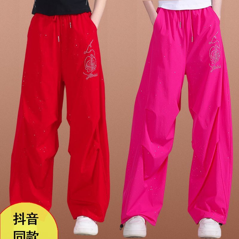 夏季新款广场舞服装宽松显瘦洒银玫瑰烫钻阔腿裤跳舞跳操伞兵裤女